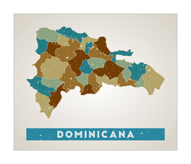 Dominicana map. Country poster with regions. Old grunge texture. Shape of Dominicana with country name. Authentic vector illustration.