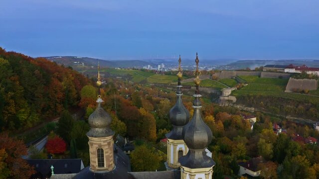 Beautiful panorama view of W&uuml;rzburg in autumn. 4K. Wallfahrtskirche. Kaeppele