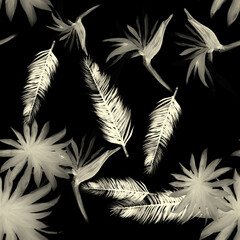 Obraz premium White Pattern Leaves. Gray Seamless Foliage. Black Tropical Background. Decoration Plant. Drawing Leaves. Isolated Foliage. Flower Textile. Summer Design.