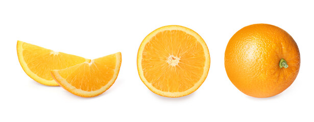 Set with tasty ripe oranges on white background. Banner design