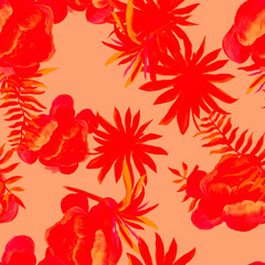 Fototapeta na wymiar Scarlet Tropical Exotic. Pink Seamless Background. Coral Pattern Plant. Ruby Flower Nature. Red Drawing Texture. Flora Vintage. Floral Textile. Spring Palm.