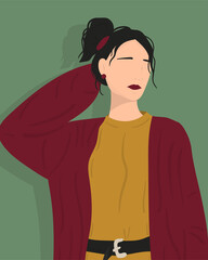 Portrait of a young beautiful girl with short wavy ponytail hairstyle and red lips wearing oversized cardigan, isolated flat illustration