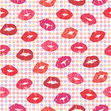 Lipstick kisses seamless pattern. Lips imprints on textured surface. Vector illustration.