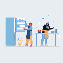 Vector illustration of couple in love cooking together. Man and woman on white backround.