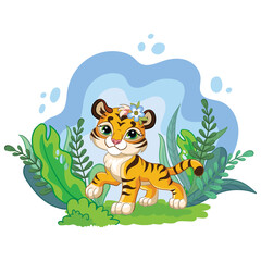 Obraz na płótnie Canvas Vector isolated illustration cartoon tiger with plants
