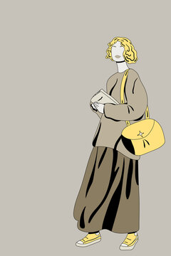 Comic art portrait of a young beautiful lady with short fair wavy hair and full lips wearing over sized sweater and long skirt holding a book and a bag, casual hipster outfit concept