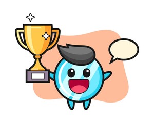 Cartoon character of mirror is happy holding up the golden trophy