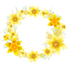 Wreath of Daffodil Flowers. Narcissus. Card Design. Decorative Floral Elements.