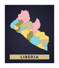 Liberia map. Country poster with regions. Shape of Liberia with country name. Radiant vector illustration.