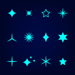 Set of abstract blue stars on dark background