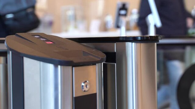 Turnstiles with electronic card readers. Frame. New technologies in a subway