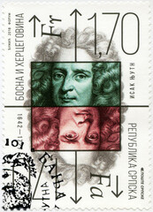 REPUBLIKA SRPSKA - 2018: shows portrait of Isaac Newton (1642-1727), Portrait,  The 275th Anniversary of the Birth, 2018