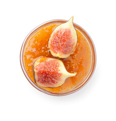 Fototapeta na wymiar Bowl with sweet fig jam on white background