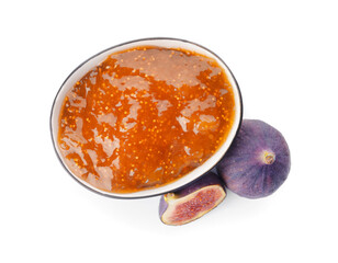 Bowl with sweet fig jam on white background
