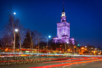 Fototapeta na wymiar Amazing cityscape of Warsaw with Palace of Culture and Science at night, Poland.