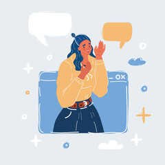 Vector illustration ofon-line video chat app, internet talk, call technology. Video player window with speaking woman and messages.