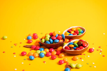 Obraz premium Banner. Chocolate Easter eggs with colored candies on a yellow background.