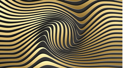 Gold on black 3d dark background. Elegant abstract stripe pattern.
