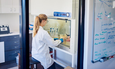 Female lab technician examining samples in a biosafety cabinet