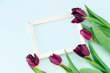 Flowers composition romantic. Spring flowers, photo frame on pastel background. Flat lay, top view, copy space