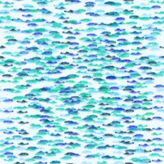 Seamless pattern of abstract watercolor elements in blue, green and gray tones on a light blue background for textiles.