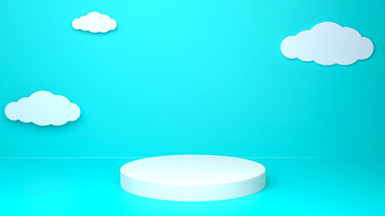 3D rendering white podium and cloud on blue background.