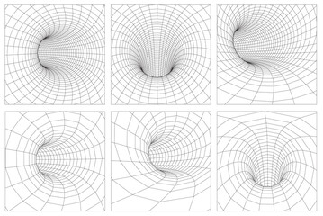 Grid wormhole wireframe tunnel. 3d gravity quantum, vector wormhole illustration. EPS 10.