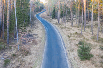 Asfaltowa droga przez iglasty las. Zdjęcie z drona.