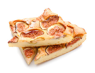 Slices of delicious fig pie on white background