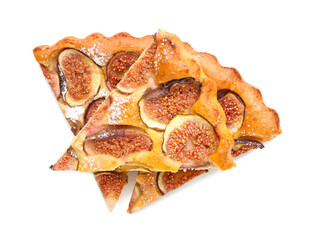 Slices of delicious fig pie on white background