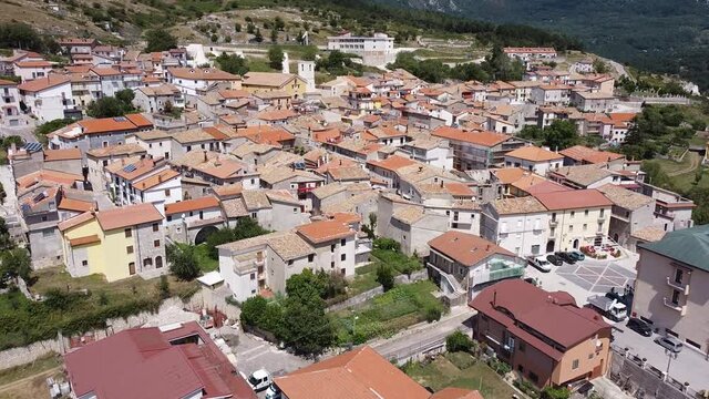 Aerial landscape view over Pietraroja, a hill top village, in the Apennines, Italy