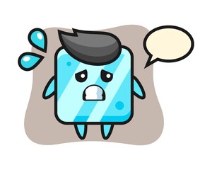 Ice cube mascot character with afraid gesture
