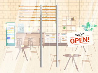 Illustration of concept about opening cafe or restaurant - food service establishments. Signboard we're open on the glass door. Business opening concept. Cafe, restaurant work hours. Vector