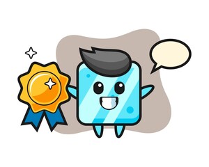 Ice cube mascot illustration holding a golden badge