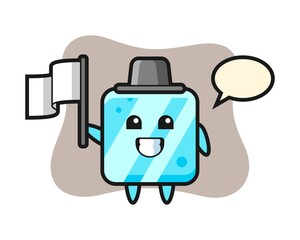 Cartoon character of ice cube holding a flag