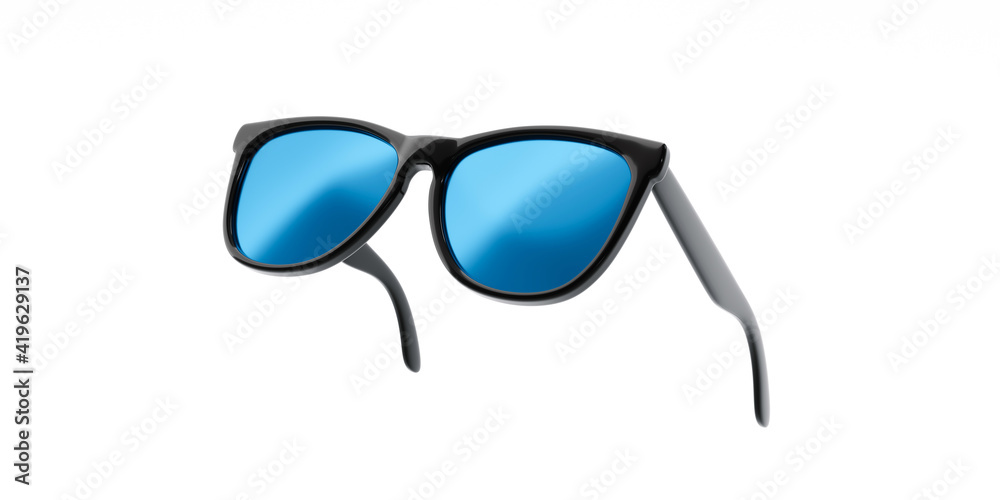 Wall mural black fashion sunglasses and blue lens optic isolated on white background with modern accessory desi