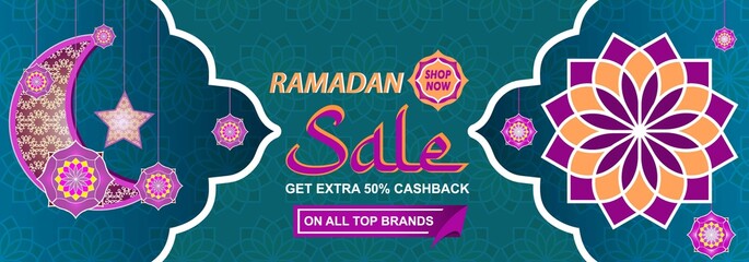 Ramadan Sale, web header or banner design with crescent moon and flower elements using paper cut style design