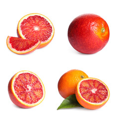 Set with ripe red oranges on white background