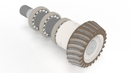 3D render of a bevel gear shaft stylized as a sketch