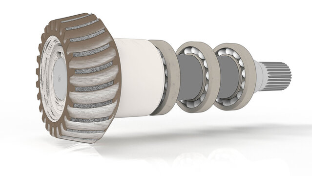 3D render of a bevel gear shaft stylized as a sketch