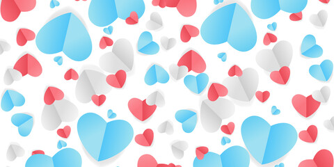 Boho bohemian art in blue, pink and white hearts with golden confetti isolated on transparent background. Vector illustration. Paper cut decorations for Valentine's day design 