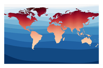 World Map Vector. Cylindrical stereographic projection. World in red orange gradient on deep blue ocean waves. Vibrant vector illustration.
