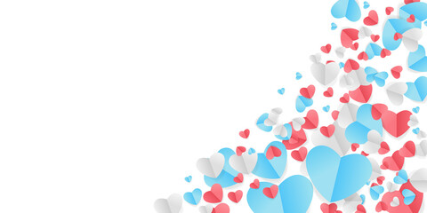 Boho bohemian art in blue, pink and white hearts with golden confetti isolated on transparent background. Vector illustration. Paper cut decorations for Valentine's day design 