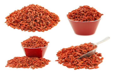 dried goji berries(Lycium Barbarum - Wolfberry) and some  in a red bowl on white background