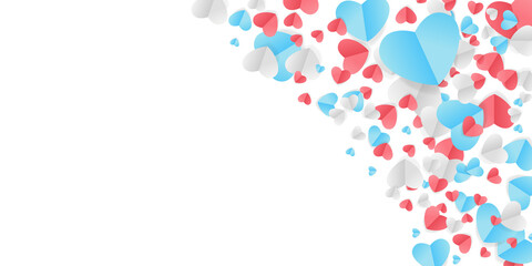 Blue, pink and white hearts with golden confetti isolated on transparent background. Vector illustration. Paper cut decorations for Valentine's day design 