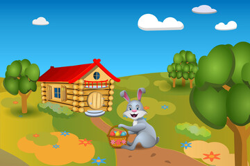 Image of an Easter bunny sitting on a path with a basket of colored eggs near the hut