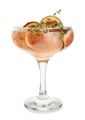 Glass of tasty fig lemonade on white background