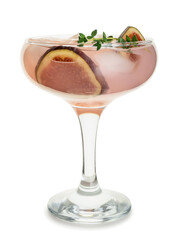 Glass of tasty fig lemonade on white background