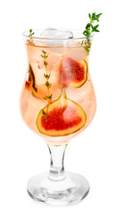 Glass of tasty fig lemonade on white background