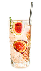 Glass of tasty fig lemonade on white background